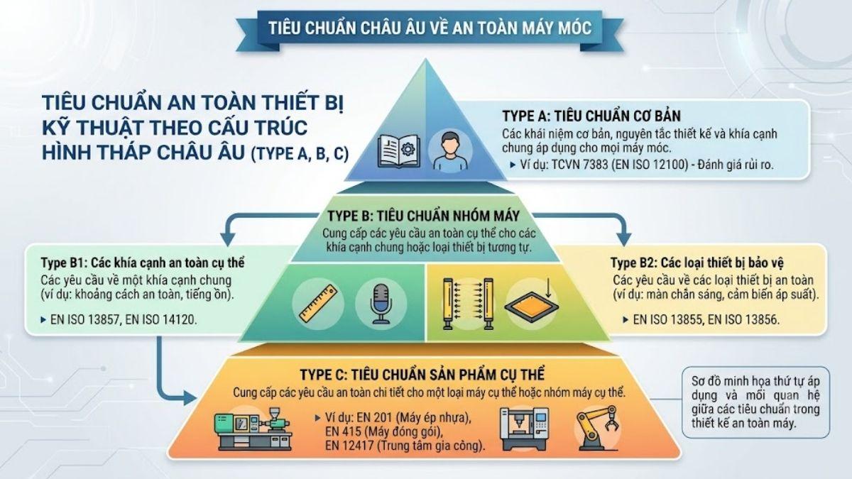 Sơ đồ phân cấp hình tháp tiêu chuẩn châu Âu Type A, B, C áp dụng cho an toàn thiết bị kỹ thuật
