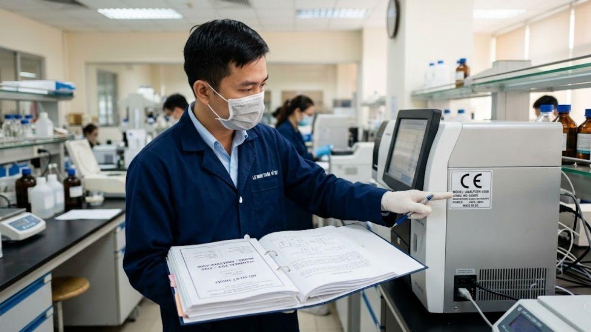 Kỹ sư kiểm tra hồ sơ kỹ thuật Technical File và đối chiếu tem thông số dán nhãn CE trên thiết bị phân tích