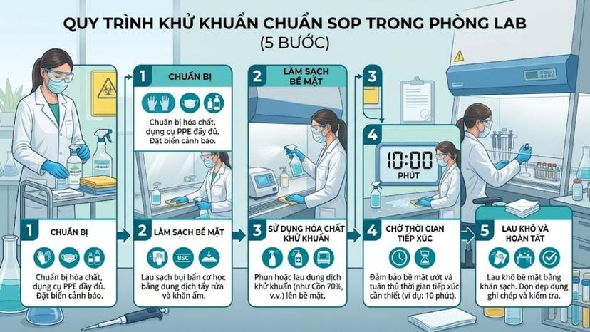Sơ đồ 5 bước quy trình khử khuẩn chuẩn SOP trong phòng lab
