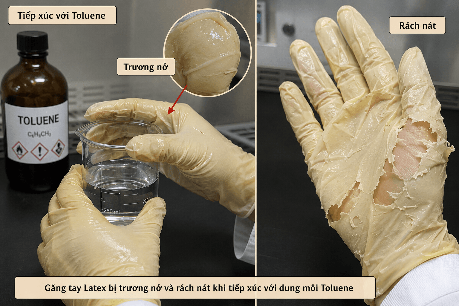 Hình ảnh găng tay Latex bị trương nở và rách nát khi tiếp xúc với dung môi Toluene