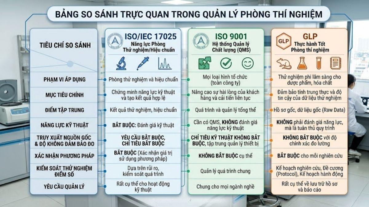 Bảng so sánh trực quan giữa ISO 17025, ISO 9001 và hệ thống GLP trong quản lý phòng thí nghiệm