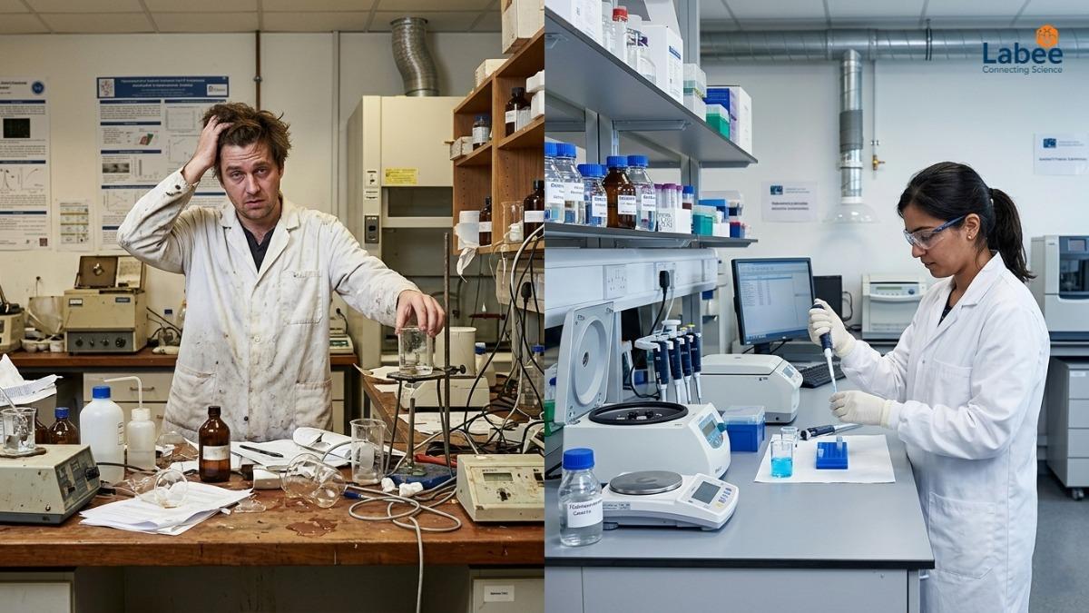 Đồ họa mô tả sự so sánh: Một bên là phòng lab vô tổ chức cho ra kết quả sai lệch, một bên là phòng lab đạt chuẩn với quy trình rõ ràng cho ra kết quả chính xác và đồng nhất