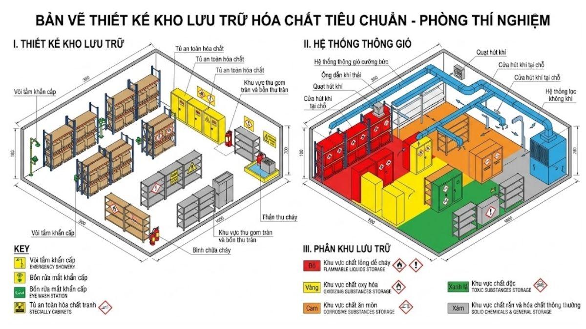 Bản vẽ thiết kế kho lưu trữ hóa chất tiêu chuẩn cho phòng Lab với hệ thống thông gió và phân khu