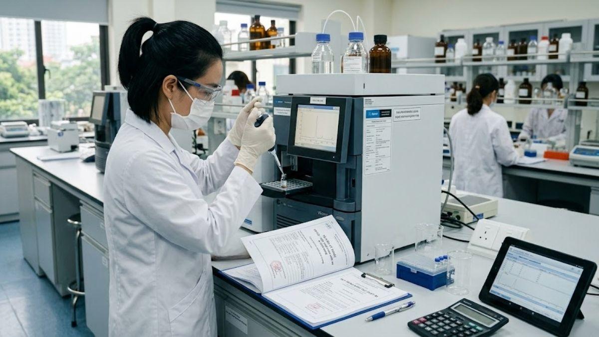 Chuyên viên phòng QC đang thực hiện kiểm thử thiết bị phân tích và đối chiếu tài liệu kỹ thuật CO CQ