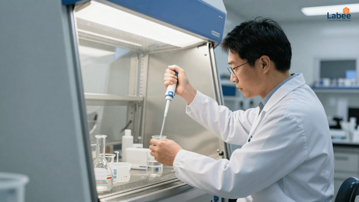 Chuyên gia phòng lab đeo kính bảo hộ và găng tay pha chế NaOH